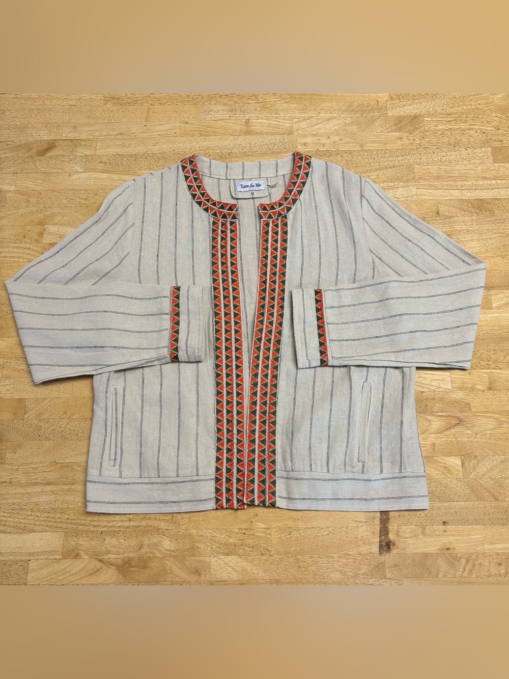 Time For Me Lightweight Taupe Geometric Embroidered Striped Open Front Jacket